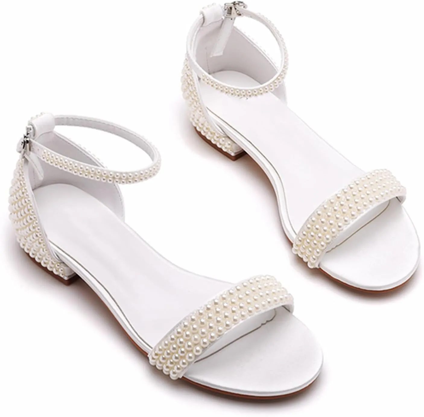 Women's Satin Flat Sandals, White Pearl Bridal Shoes Wedding Dress Shallow Mouth Open Toes Ankle Buckle Comfortable Casual Shoes, 40 EU,Beige