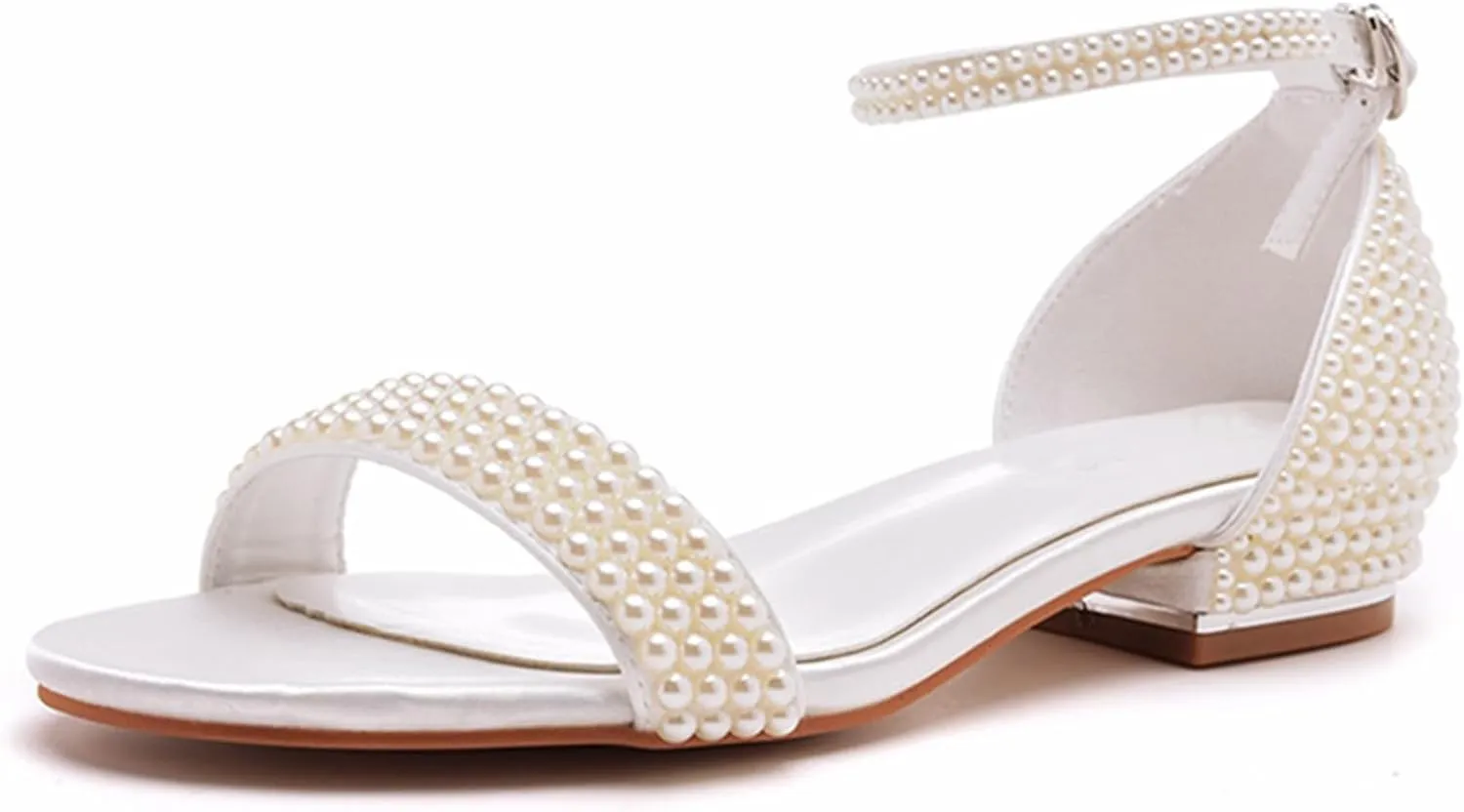 Women's Satin Flat Sandals, White Pearl Bridal Shoes Wedding Dress Shallow Mouth Open Toes Ankle Buckle Comfortable Casual Shoes, 40 EU,Beige