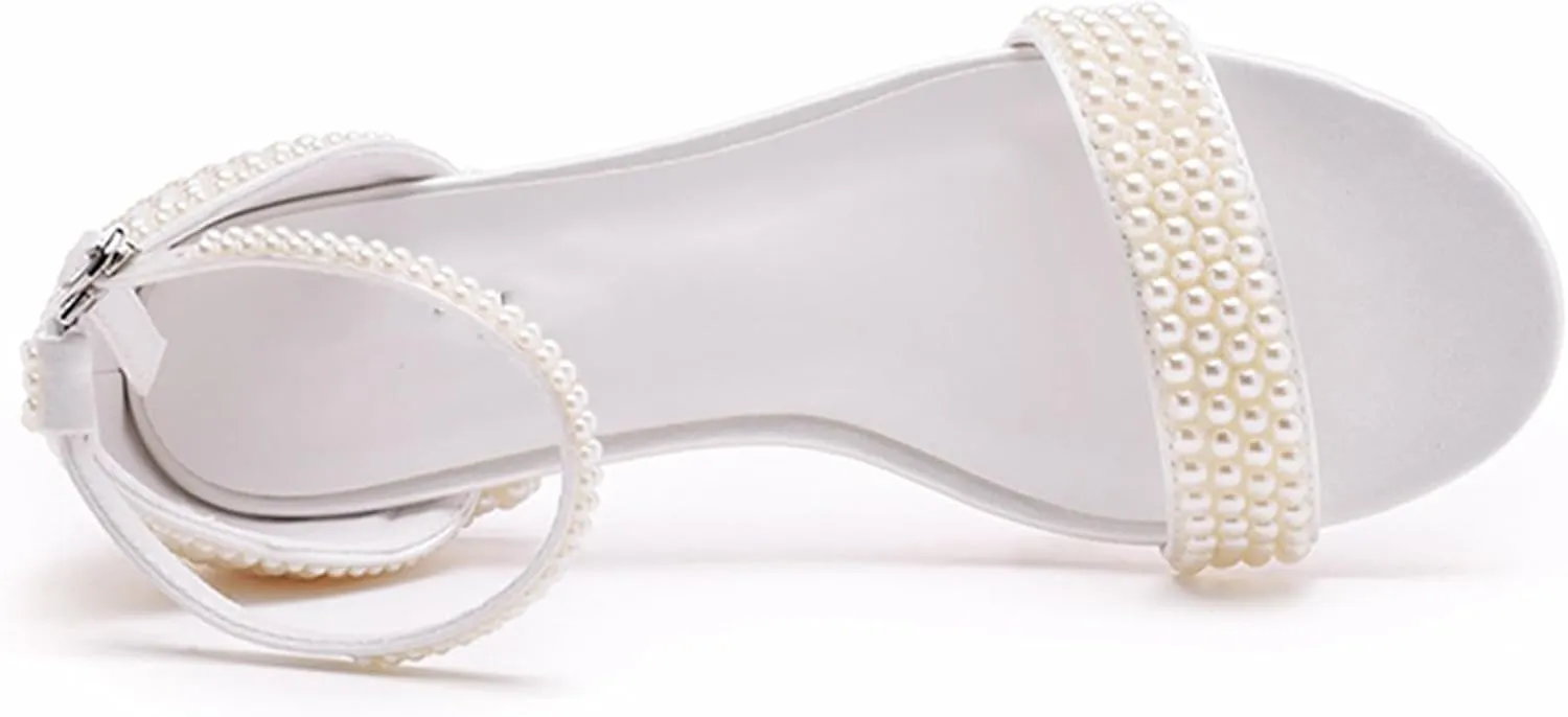 Women's Satin Flat Sandals, White Pearl Bridal Shoes Wedding Dress Shallow Mouth Open Toes Ankle Buckle Comfortable Casual Shoes, 40 EU,Beige