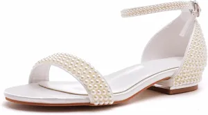 Women's Satin Flat Sandals, White Pearl Bridal Shoes Wedding Dress Shallow Mouth Open Toes Ankle Buckle Comfortable Casual Shoes, 40 EU,Beige