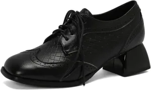 Women's Square Toe Lace Up Chunky High Heel Oxfords Pumps Fashion Patchwork Wingtip Brogues Comfortable Vintage Derby Saddle Shoes